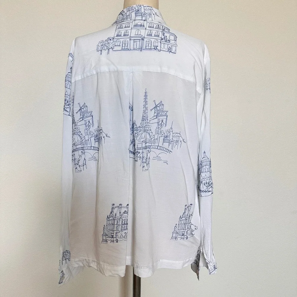 Anthropology Jane + Delancey Paris City Print Button Down Shirt White Blue Sz XL